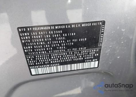 2019 Volkswagen Tiguan 2.0T Sel Premium/2.0T Sel Premium R-Line from USA, damaged, VIN 3VV4B7AX9KM194593